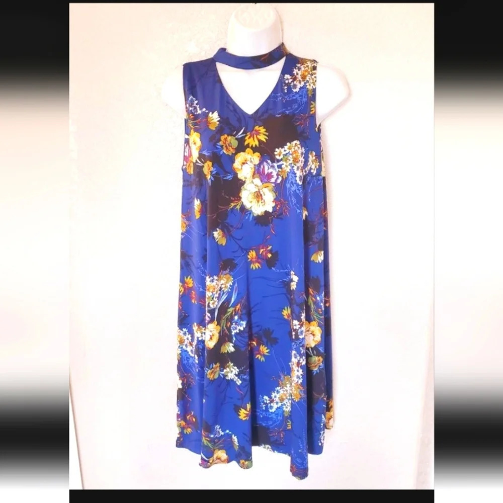 💚5/$25 Perceptions Blue Floral Choker Neck Midi Shift Dress Size 6